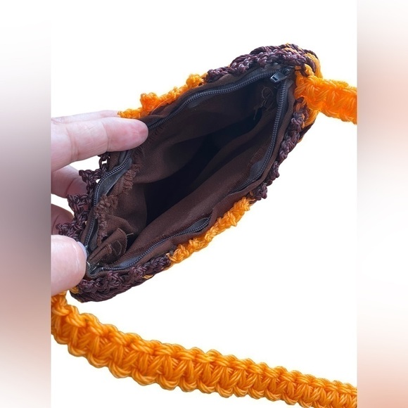 Handmade Crocheted Purse Handbag Brown/Orange with One Floral Piece Attached Vtg - Picture 6 of 11